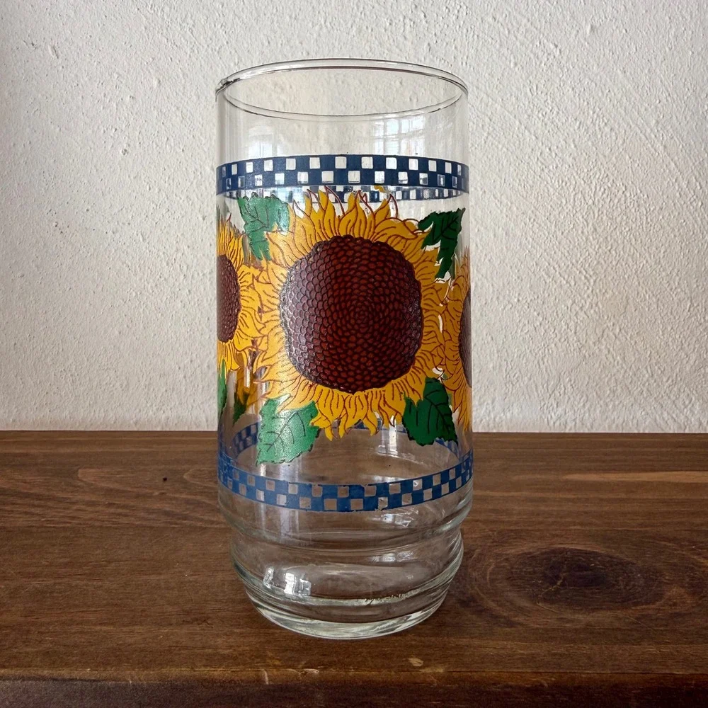 Vintage Sunflower Drinking Glass Blue Checkered Tall Tumbler Replacement Farm